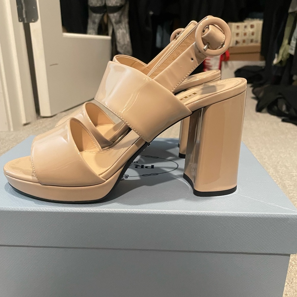 Prada Patent Leather Block Heal Cream/Tan Sandals
